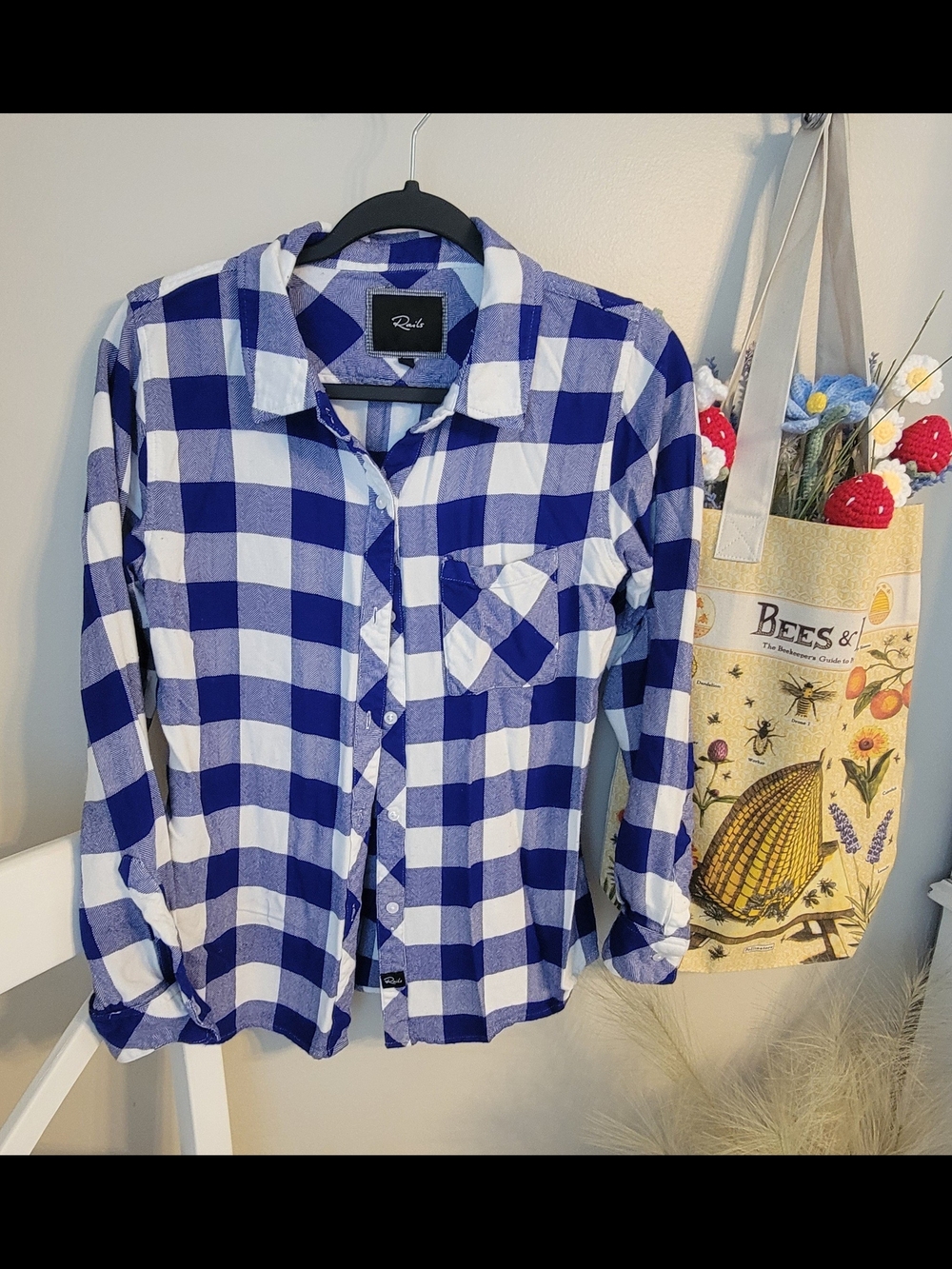 Rails Blue and White Plaid Button-Up Shirt. Size S